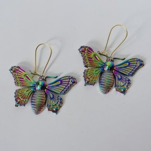 *50% OFF! Iridescent Moth earrings dangle multicolor metal gold moths insect bug - Picture 3 of 4
